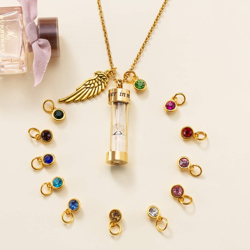 PREKIAR Cremation Urn Necklace for Ashes Time Hourglass Memory Jewelry Pendant Keepsake with Angel Wing and 12 Birthstones Forever In My Heart (Golden hourglass) - Image 5